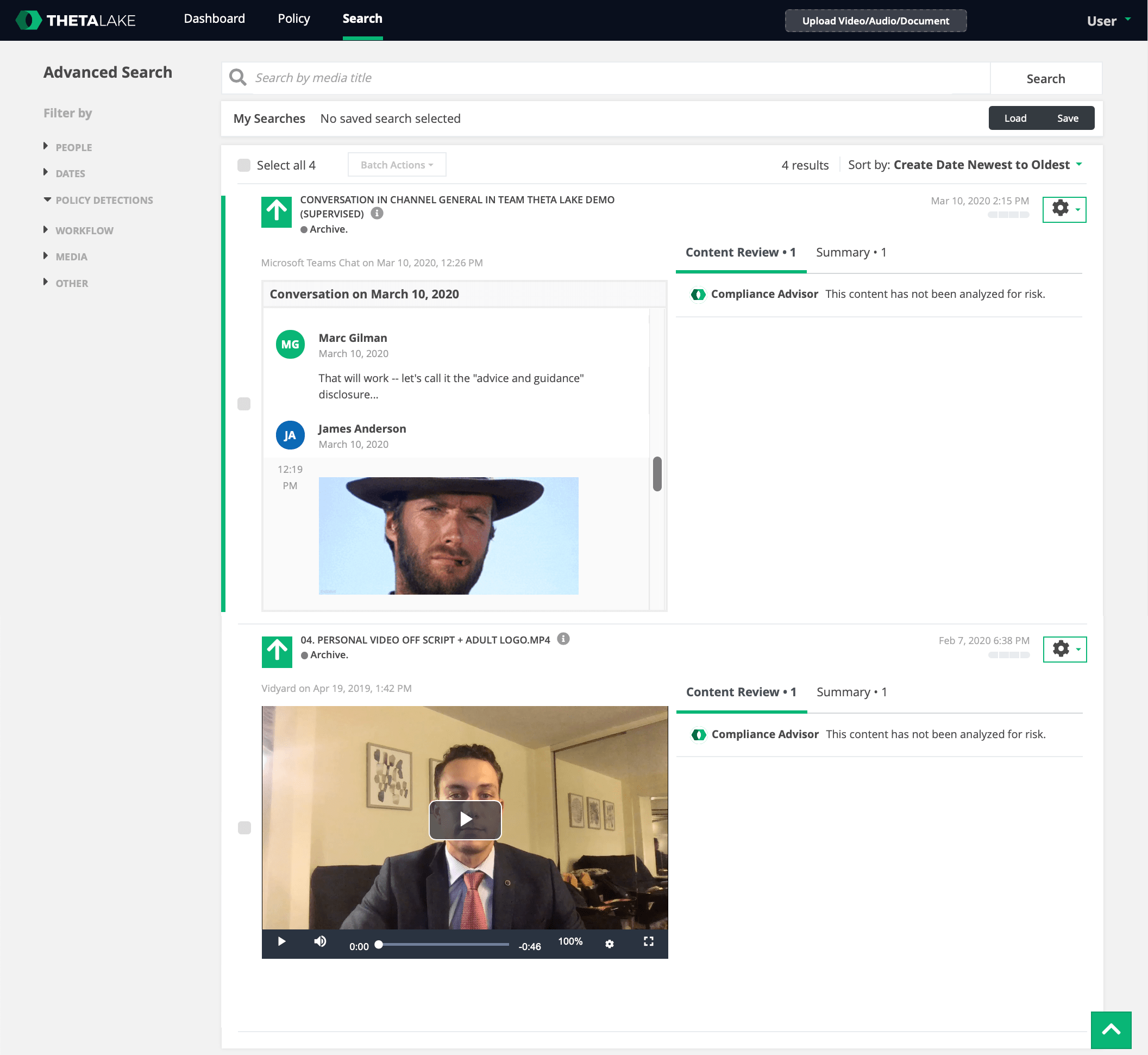 Preview of Theta Lake search screen for modern collaboration chat platforms