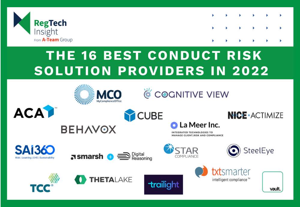RegTech Insight from A-Team Group. The 16 best conduct risk solution providers in 2022. Logos.